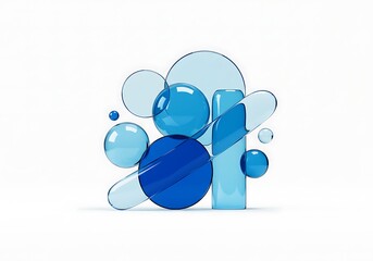 Abstract composition of blue glass geometric shapes isolated on white background