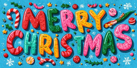 Children's illustration of a Christmas banner with a colorful "MERRY CHRISTMAS" inscription, decorated with holiday elements in a handmade style on a textured blue background