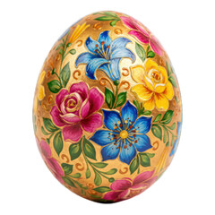 Ornate Easter egg, vibrant floral design on a gold background