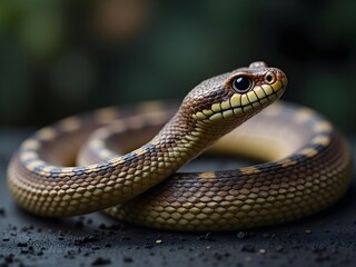 Obraz premium Snake coiled on forest floor