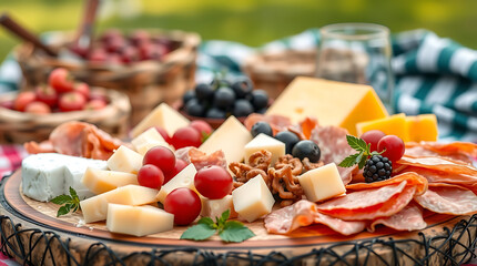 Elegant Charcuterie Arrangement – Assorted Cheese, Cold Cuts, Fruits, and Wine for Gourmet Picnic Experience