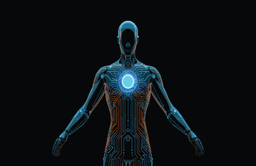 Futuristic cyborg illustration, circuit board body, glowing core, artificial intelligence, human-machine fusion, digital anatomy, robotics, innovation, technology, sci-fi