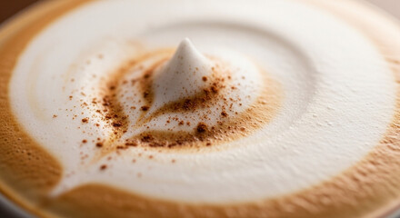 Macro of frothy milk foam on a cappuccino with cinnamon dust