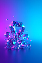 Blue Expensive Crystal Diamonds on Gradient &ndash; 3D Render, Copy Space. A gift in purple to blue colors