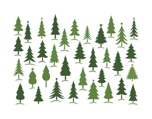 A collection of green fir and pine tree silhouettes set against a white background. Modern icons for New Year and Christmas trees. Festive symbols perfect for your design. Vector illustration.