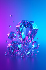Blue Expensive Crystal Diamonds on Gradient &ndash; 3D Render, Copy Space. A gift in purple to blue colors