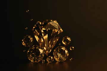 Luxury Gold Diamonds on Dark Background &ndash; 3D Render with Copy Space. Opulent faceted gemstones, premium black-and-gold banner hero for finance, jewelry, VIP events and high-end branding.