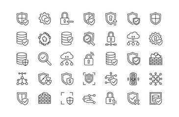 Collection of 36 icons featuring shield data security silhouettes in a line vector style
