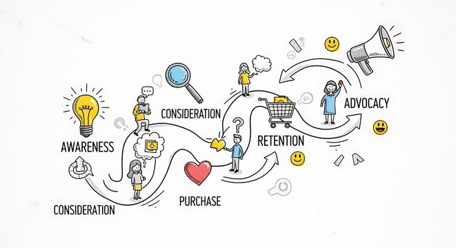 Customer Journey - Awareness, Consideration, Purchase, Retention, Advocacy.