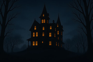 haunted house silhouette with glowing windows against night sky