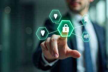 Cybersecurity and data protection concept. Businessman touching a glowing padlock icon on a futuristic interface.
