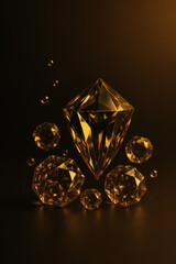 Luxury Gold Diamonds on Dark Background &ndash; 3D Render with Copy Space. Opulent faceted gemstones, premium black-and-gold banner hero for finance, jewelry, VIP events and high-end branding.