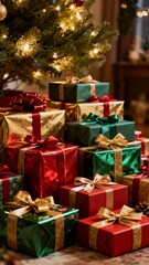 Obraz premium 크리스마스트리아래쌓인화려한선물상자들