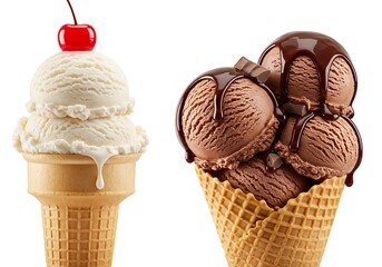 Two ice cream cones, vanilla with cherry and chocolate with fudge, isolated on white background
