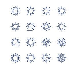 Sun symbols. Stars, bright weather, rays, and other features. Customizable line