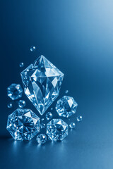 Luxury Blue Crystal Diamonds on Gradient &ndash; 3D Render, Copy Space. Brilliant cut, faceted, refraction, 3d render and illustration