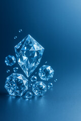 Luxury Blue Crystal Diamonds on Gradient &ndash; 3D Render, Copy Space. Brilliant cut, faceted, refraction, 3d render and illustration