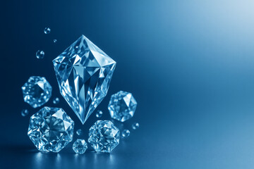 Luxury Blue Crystal Diamonds on Gradient &ndash; 3D Render, Copy Space. Brilliant cut, faceted, refraction, 3d render and illustration