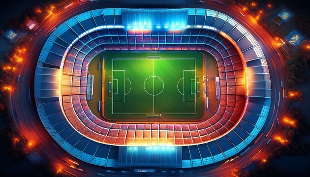 top down 3d view a soccer stadium illuminated with vibrant lights