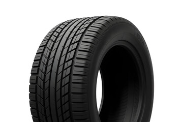 A close-up angled view of a black car tire showing the tread detail. 3d rendering, transparent background