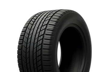 A close-up angled view of a black car tire showing the tread detail. 3d rendering, transparent background