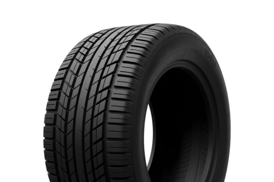 A close-up angled view of a black car tire showing the tread detail. 3d rendering, transparent background