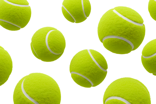 An arrangement of multiple floating tennis balls creating a pattern. 3d rendering, transparent background
