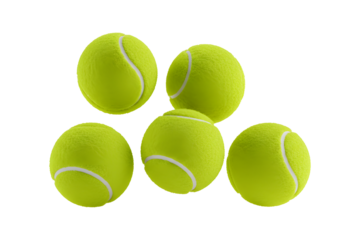 A group of five tennis balls floating in a random pattern. 3d rendering, transparent background