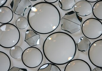 Pile of round magnifying glasses and broken mirrors isolated on white background