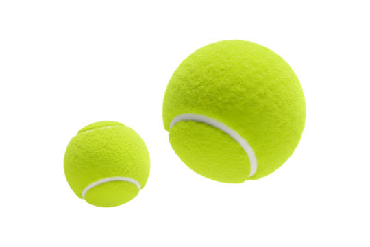 Two floating tennis balls, one large and one small. 3d rendering, transparent background