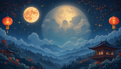 Chinese wallpaper of two moons and red Chinese lantern and Oriental Asian building in the mountain