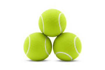 Three tennis balls stacked in a pyramid formation. 3d rendering, transparent background