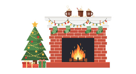 Charming christmas scene featuring a decorated tree fireplace and cozy beverages celebrating