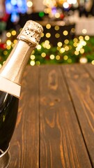 Champagne bottle on wooden table with blurred Christmas lights