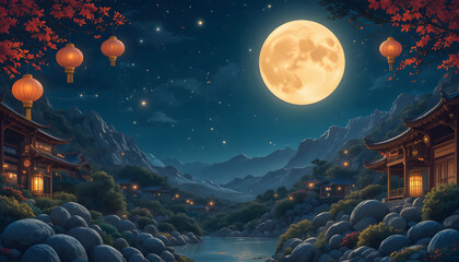Chinese wallpaper of moons and red Chinese lantern and Oriental Asian building in the mountain