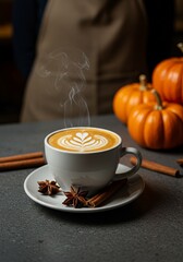 Pumpkin spice latte with tulip latte art and cinnamon, steaming cup among small pumpkins in a cozy café, rustic autumn mood