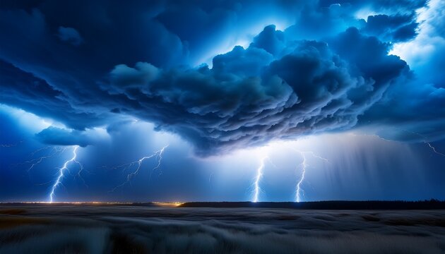 a blue sky filled with clouds and lightning