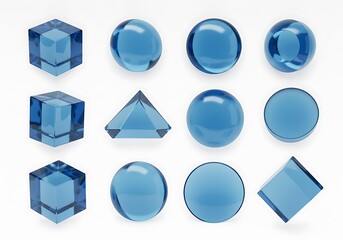Collection of blue glass geometric shapes isolated on white background