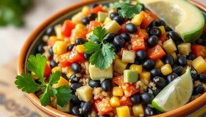 Mexican salad quinoa salad cherry tomatoes avocado black beans lime juice corn fresh cilantro bell peppers healthy food
