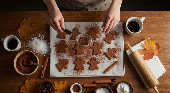 Top-down view of woman dusting cocoa over ghost-shaped gingerbread Halloween cookies on baking sheet, with cinnamon sticks, autumn leaves and rustic food-styling props
