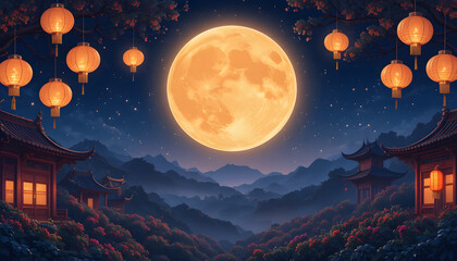 Chinese wallpaper of moons and orange glowing Chinese lantern and Oriental Asian building in the mountain