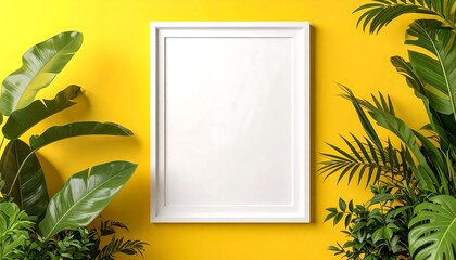Blank white frame on a bright yellow background surrounded by lush green tropical plants