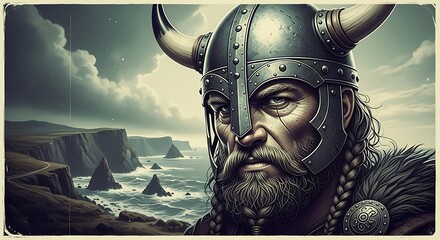 Viking Warrior Portrait Rugged Coastal Landscape.