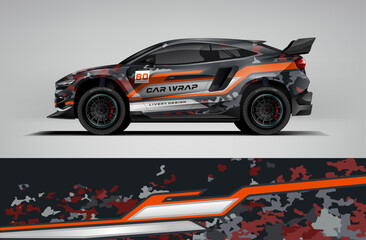 Racing Car Wrap Livery Design With Red Black Orange Camo Style. Livery Vector EPS Printable File