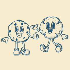 Happy retro mascot cookie character, smiling, finger up and thumb up. Menu, homemade bakery symbol