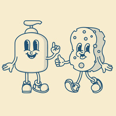 Pump bottle with sponge set. Shower gel or dish soap. Refillable eco-friendly design, bathroom and kitchen organizer retro mascot