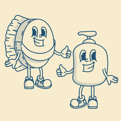 Charming brush and liquid soap bottle mascots. Vintage eco-friendly duo for spa or home cleaning packaging