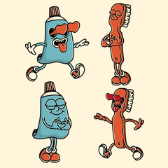 Groovy dental mascot duo - toothbrush and toothpaste in vibrant retro style. Perfect for clinics and oral care branding