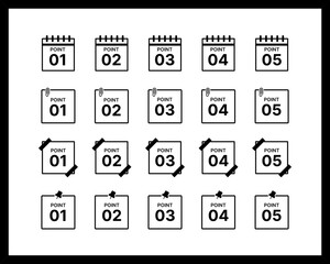 数字ポイントのテンプレートセット、付箋、メモ、ベクターイラスト、フレーム、見出し装飾、あしらい、モノクロ