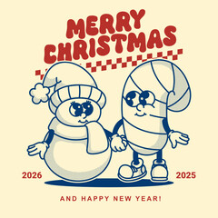 Jolly snowman and candy cane Christmas card. Vintage contour design with dot shadows and festive holiday message